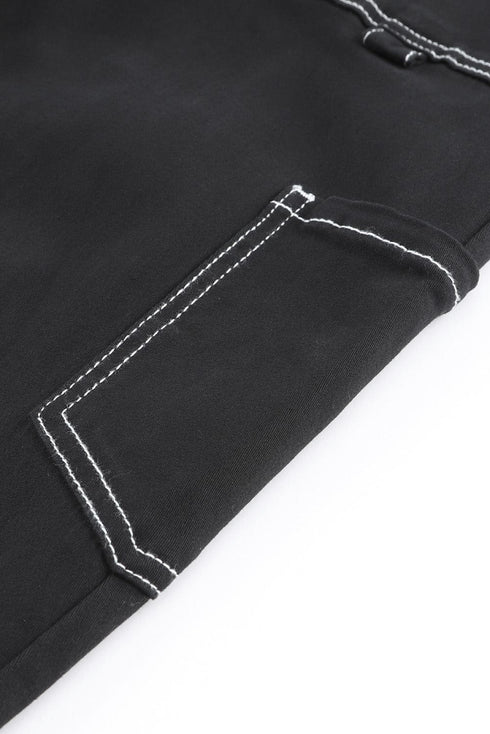 Black Denim Straight Leg Cargo Trousers with High Waist and Pockets