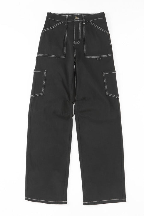 Black Denim Straight Leg Cargo Trousers with High Waist and Pockets