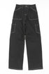 Black Denim Straight Leg Cargo Trousers with High Waist and Pockets