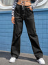 Black Denim Straight Leg Cargo Trousers with High Waist and Pockets