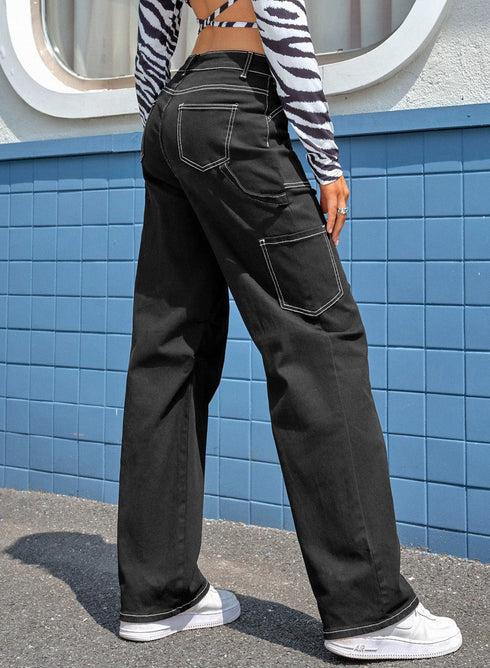 Black Denim Straight Leg Cargo Trousers with High Waist and Pockets