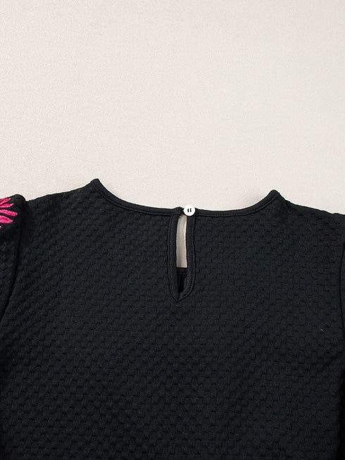 Black Embroidered Floral Puff Sleeve Tee with Textured Detail