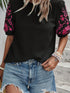 Black Embroidered Floral Puff Sleeve Tee with Textured Detail