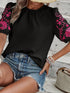 Black Embroidered Floral Puff Sleeve Tee with Textured Detail