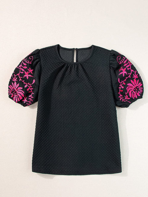 Black Embroidered Floral Puff Sleeve Tee with Textured Detail