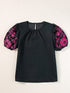 Black Embroidered Floral Puff Sleeve Tee with Textured Detail