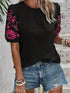 Black Embroidered Floral Puff Sleeve Tee with Textured Detail