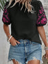 Black Embroidered Floral Puff Sleeve Tee with Textured Detail