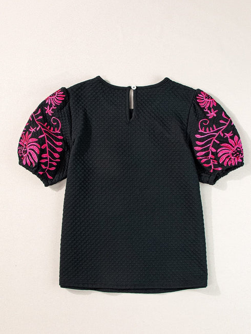Black Embroidered Floral Puff Sleeve Tee with Textured Detail