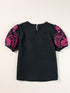 Black Embroidered Floral Puff Sleeve Tee with Textured Detail