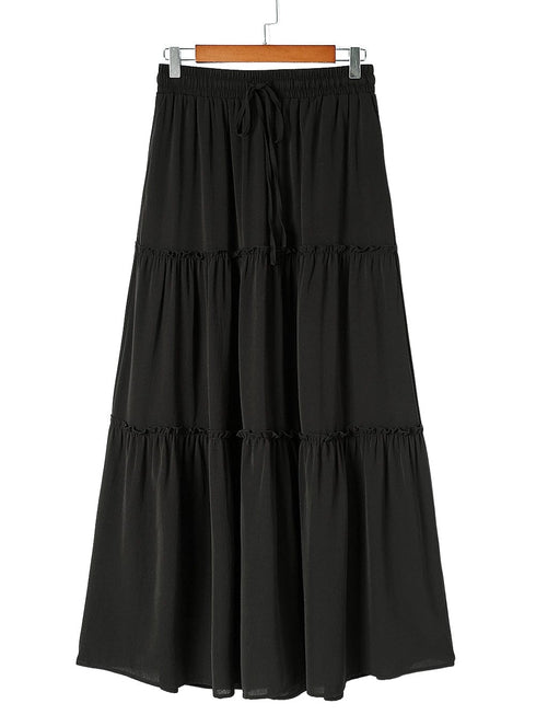 Black Frill Tiered Drawstring Waist Maxi Skirt