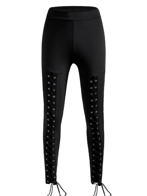 Black Front Lace-Up Grommet Leggings with Silver Hardware