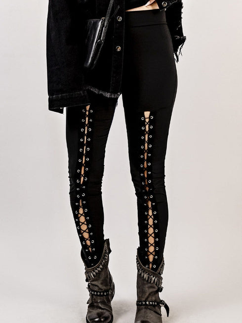 Black Front Lace-Up Grommet Leggings with Silver Hardware