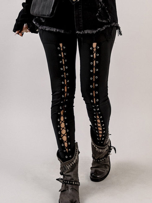 Black Front Lace-Up Grommet Leggings with Silver Hardware