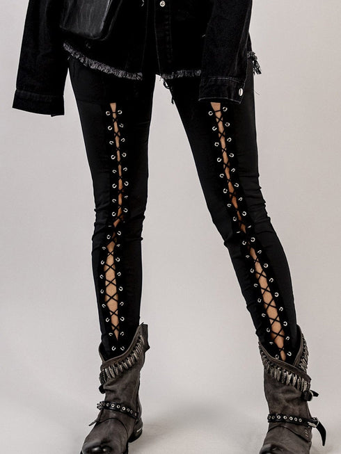 Black Front Lace-Up Grommet Leggings with Silver Hardware