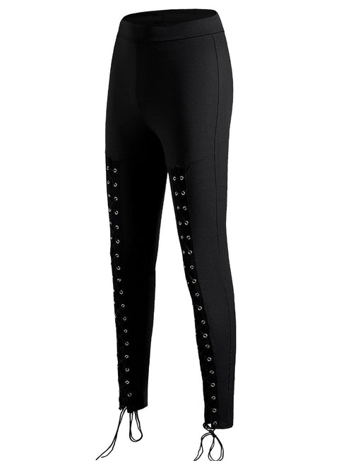 Black Front Lace-Up Grommet Leggings with Silver Hardware