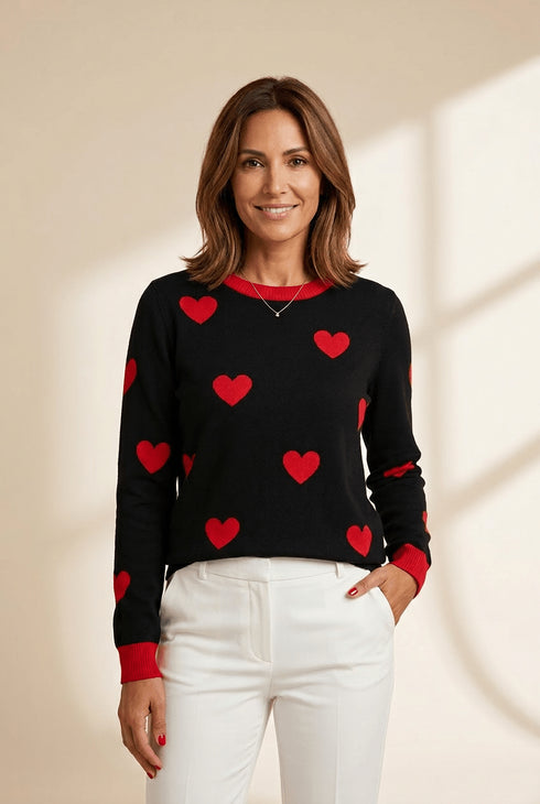 womens-cozy-black-and-white-heart-print-drop-shoulder-sweater-effortless-casual-chic-for-everyday-comfort