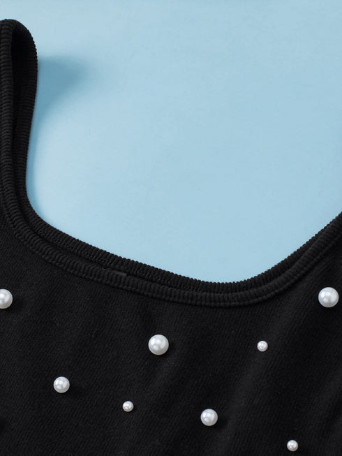 Black Pearl Embellished Square Neck Sleeveless Top