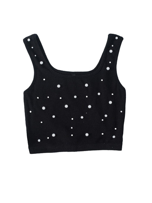 Black Pearl Embellished Square Neck Sleeveless Top