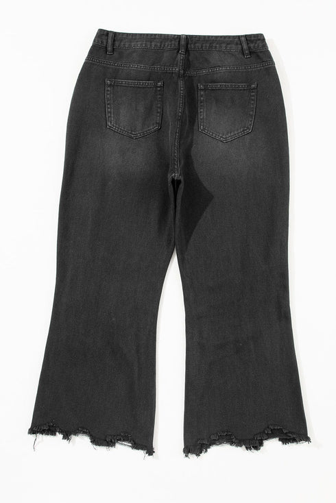 Black Ripped Raw Edge High Waist Flare Jeans