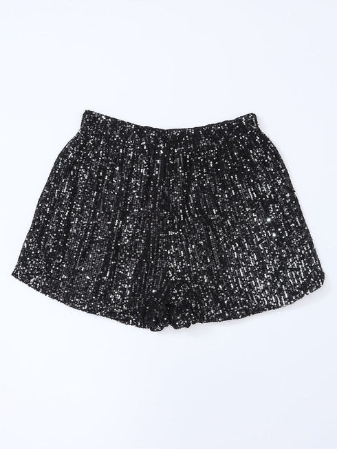 Black Sequin High-Waisted Casual Shorts with Straight Leg