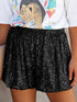 Black Sequin High-Waisted Casual Shorts with Straight Leg
