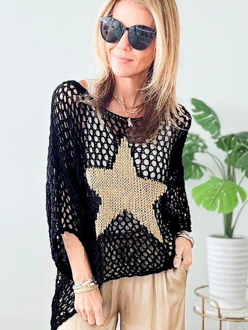 Black Star Crochet Knit Summer Top with Graphic Design
