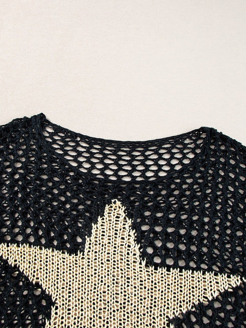 Black Star Crochet Knit Summer Top with Graphic Design