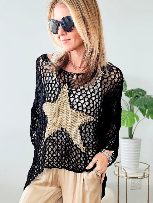 Black Star Crochet Knit Summer Top with Graphic Design