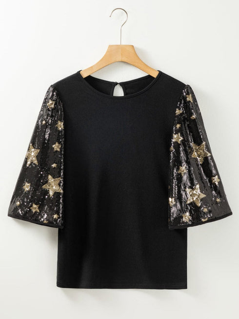 Black Star Sequin Embellished Half Sleeve Knit Top