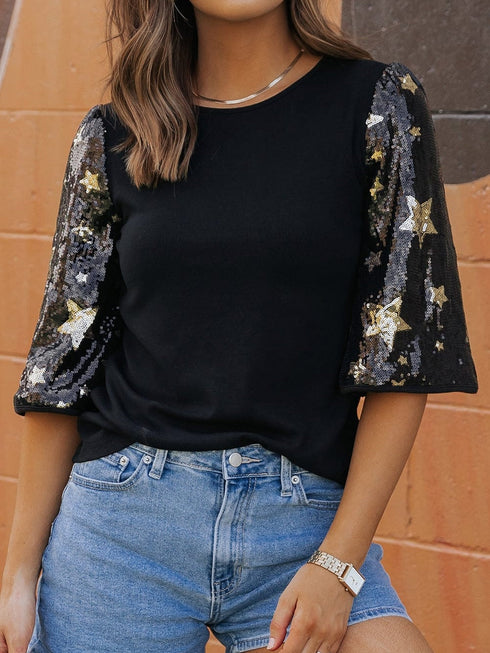 Black Star Sequin Embellished Half Sleeve Knit Top