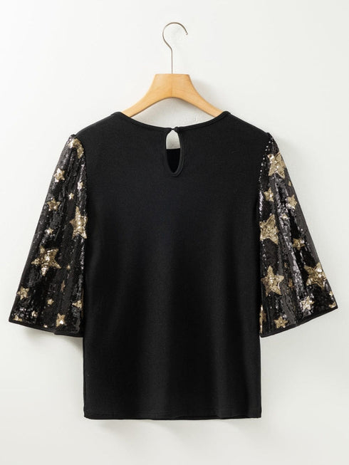 Black Star Sequin Embellished Half Sleeve Knit Top
