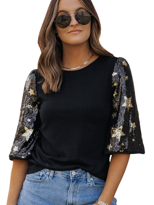 Black Star Sequin Embellished Half Sleeve Knit Top