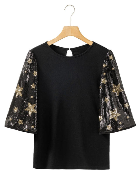 Black Star Sequin Embellished Half Sleeve Knit Top