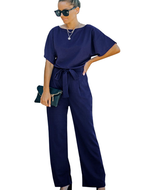 Blue Belted Wide Leg Jumpsuit