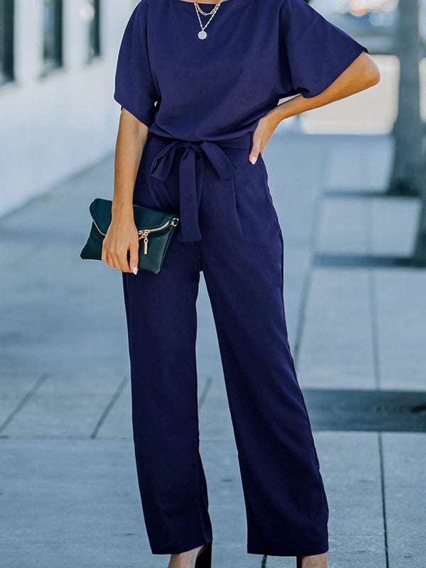 Blue Belted Wide Leg Jumpsuit