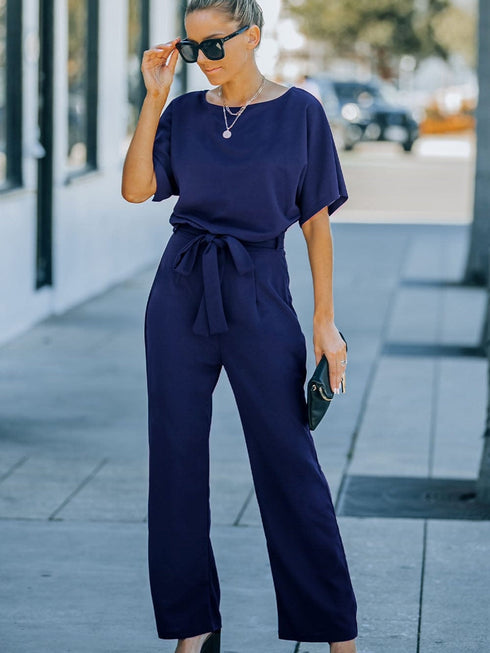 Blue Belted Wide Leg Jumpsuit