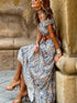 Blue Boho Paisley Print Off Shoulder Maxi Dress with Flared Silhouette