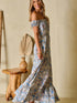 Blue Boho Paisley Print Off Shoulder Maxi Dress with Flared Silhouette