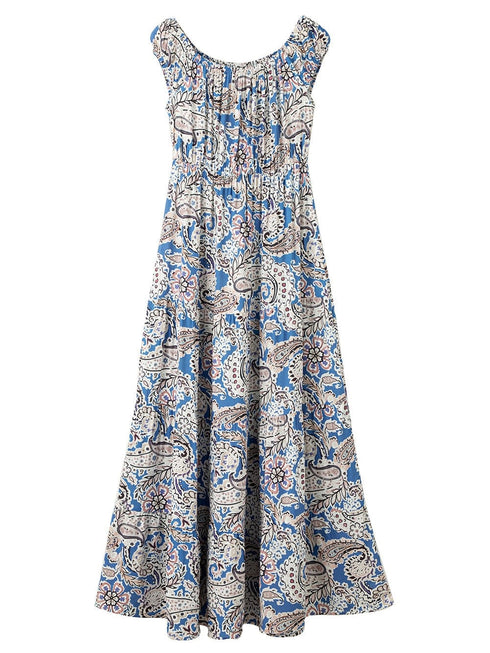 Blue Boho Paisley Print Off Shoulder Maxi Dress with Flared Silhouette