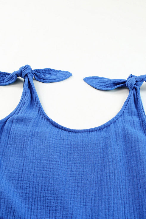 Blue Bow Detail High Waist Linen Romper