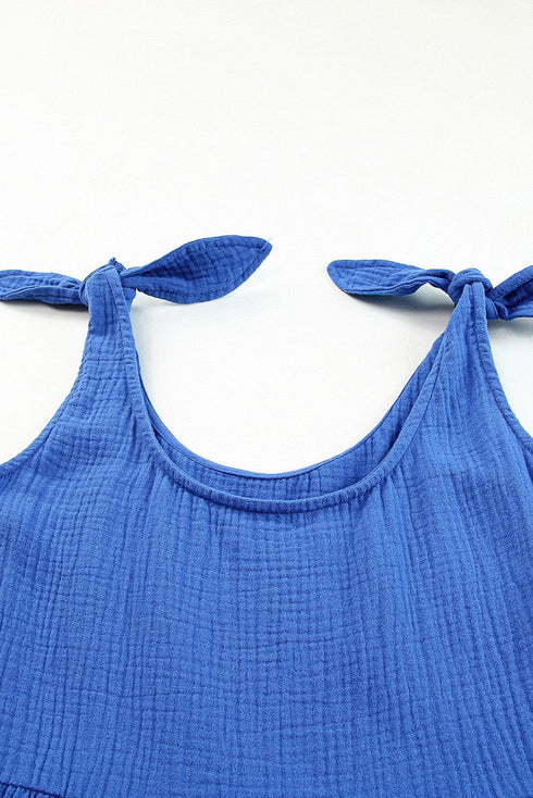 Blue Bow Detail High Waist Linen Romper