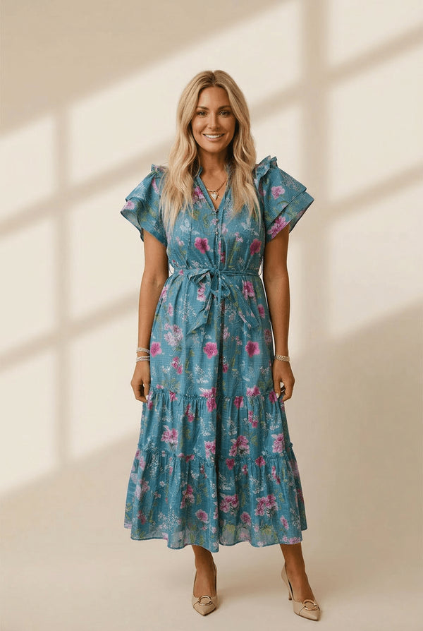 Women's Blue Floral 100% Cotton Maxi Dress with Flutter Sleeves