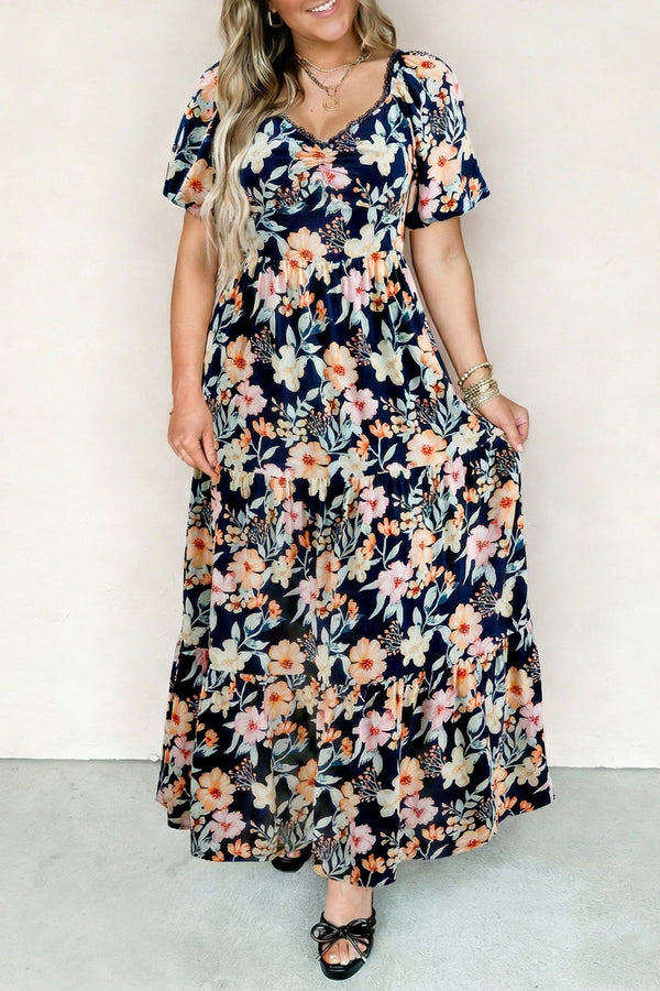Women's Blue Floral Print Maxi Dress for Women – High Waist, Smocked Short Sleeves, Ideal for Summer Parties and Events