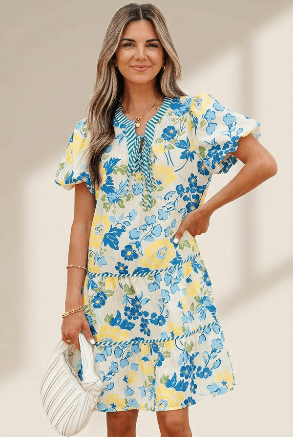 Women's Blue Floral Tiered Mini Dress with Puff Sleeves