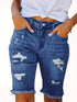 Blue Raw Hem Denim Jorts with Distressed Details, Mid-Stretch Slash Pockets Bermuda Denim Shorts, Women's Denim Jeans & Apparel