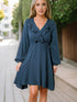Blue Ruffle Trim V-Neck Cotton Mini Dress with High Waist