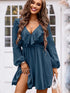 Blue Ruffle Trim V-Neck Cotton Mini Dress with High Waist