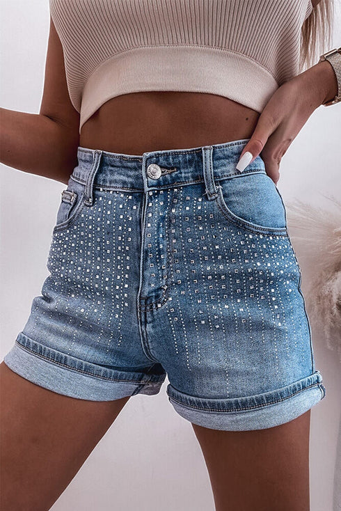 Blue Sparkle Denim Shorts with Rhinestone Accents