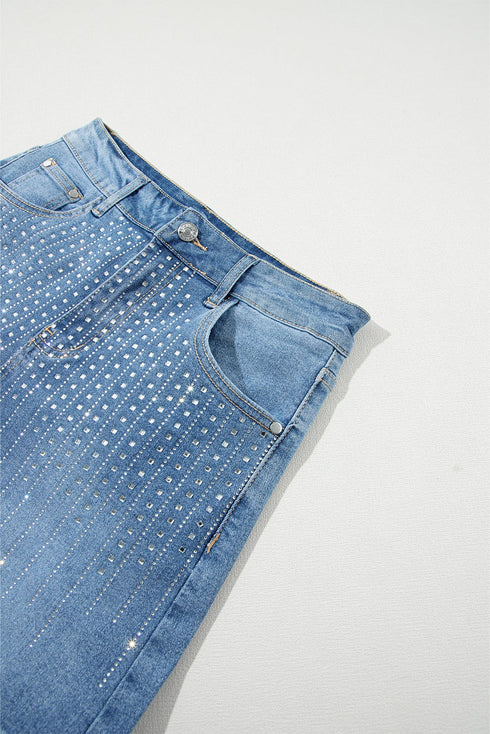 Blue Sparkle Denim Shorts with Rhinestone Accents